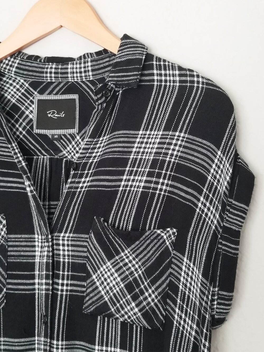 Rails Britt Cap Sleeves Flannel Shirt Button Down Top Black White Size XS $128 - Picture 6 of 15